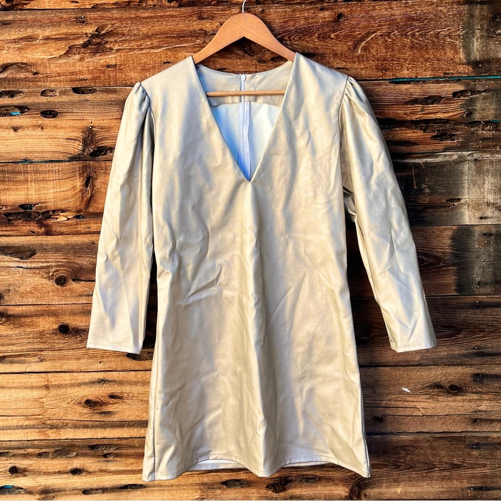 UNBRANDED | Gold Leather V-Neck Dress S